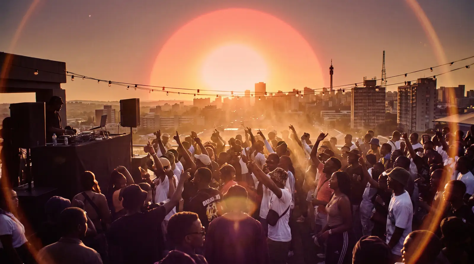 Rooftop crowd at sunset (illustrative image)