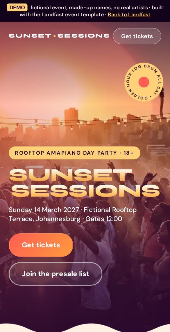 Sunset Sessions amapiano day party example: coral and plum sunset design