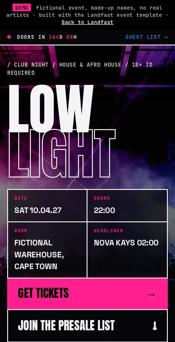 Low Light club night example: black, hot pink and electric blue design